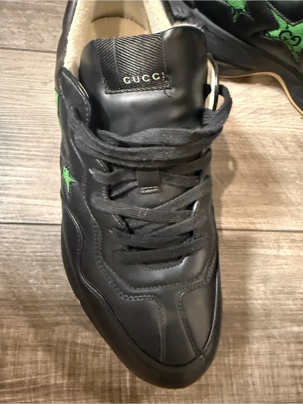 Gucci Black Leather Sneakers with Green Star Motif